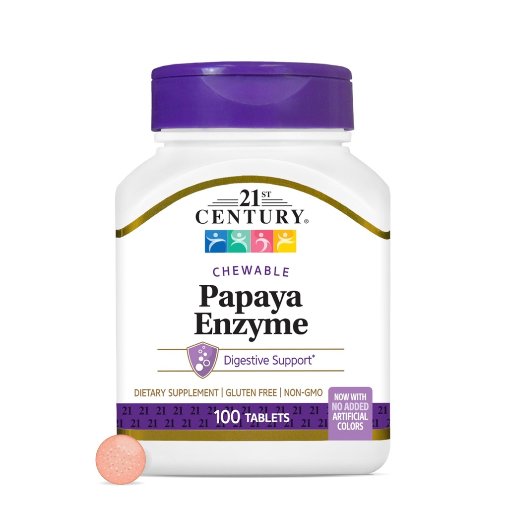 21st Century Papaya Enzyme Chewable (100 Count), Papaya & Pineapple Digestive Enzymes for Gut Health, Tropical Flavor, Non-GMO, Gluten-Free, No Added Salt, Artificial Flavors