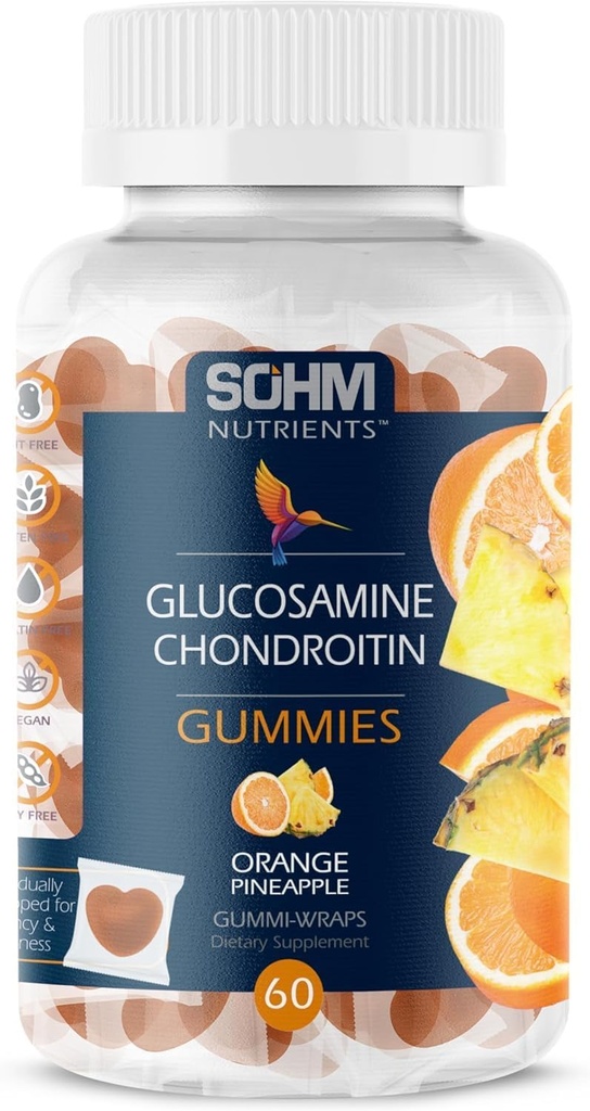 SOHM Glucosamine and Chondrotin Gummies 60 Count Individually Wrapped, Supports Joints Health and Bones Health, Glucosamine Chondroitin Gummies for Mens and Women Vegetarian (Pineapple,Orange)