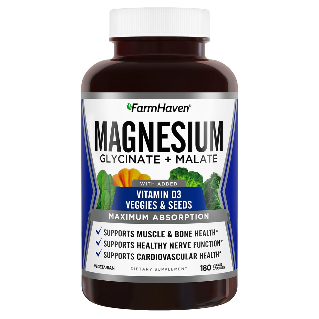 Farm Haven Magnezyum Glycinate & Malate Kompleksi w/Vitamin D3, Max Abors için% 100 Chelated - Bone Health, Nerves, Muscles, 180 Capsules, 90 Days