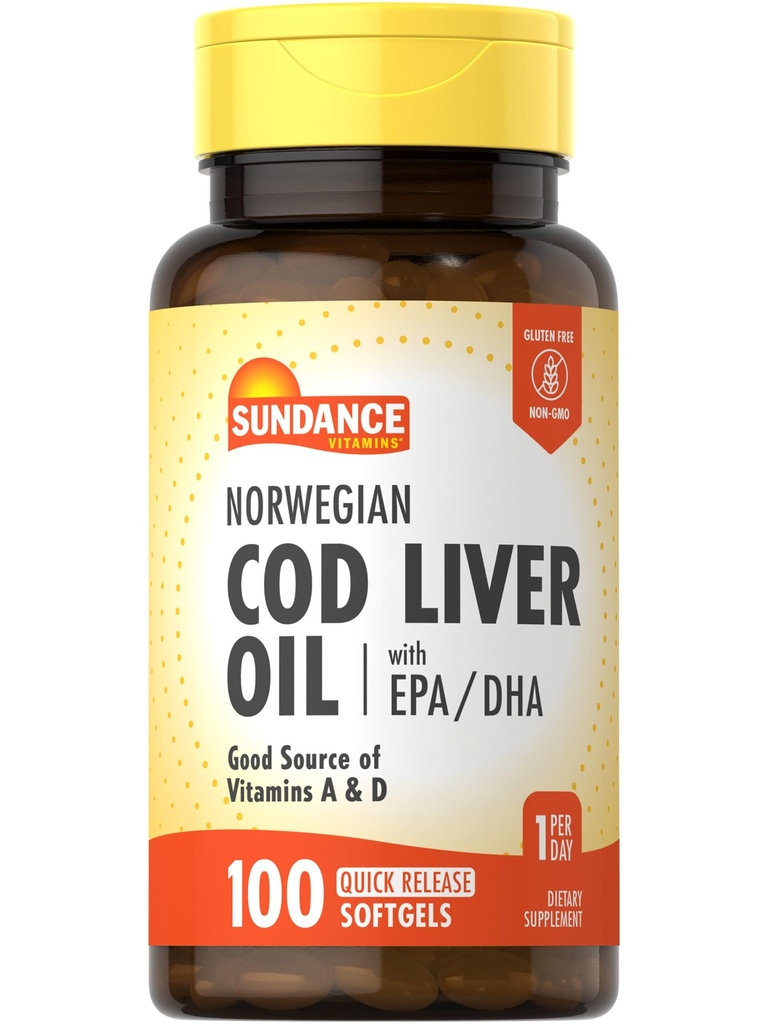 Sundance Norveç Cod Liver Oil | 100 Softgels | EPA ve DHA ile | Vitaminlerin İyi Kaynağı A & D | Non-GMO ve Gluten Free Supplement