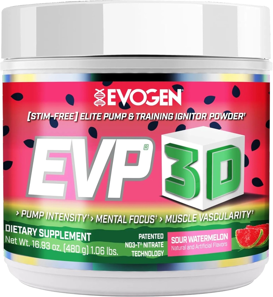 Evogen EVP 3D - Erkekler ve Kadınlar için Stim Free Pre Workout Toz | Sugar Free Non Stim Preworkout with Beta Alanine and Kretine for Energy & Pump | Sour Watermelon | 40 Hizmetler