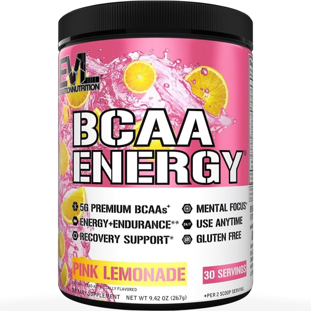 EVL BCAAs Amino Asits Toz - BCAA Energy Pre Workout Toz for Muscle Recovery Lean growth and Endurance - Rehydating Post Workout Recovery Drink with Natural Caffeine - Pink Lemonade