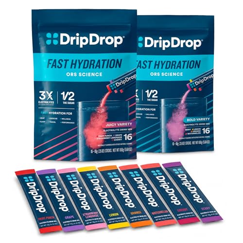 DripDrop Hydration - Electrolyte Toz Paketleri - Watermelon, Berry, Lemon, Orange, Meyveli, Grape, Strawberry Lemonade, Cherry - 32 Kont Count Count
