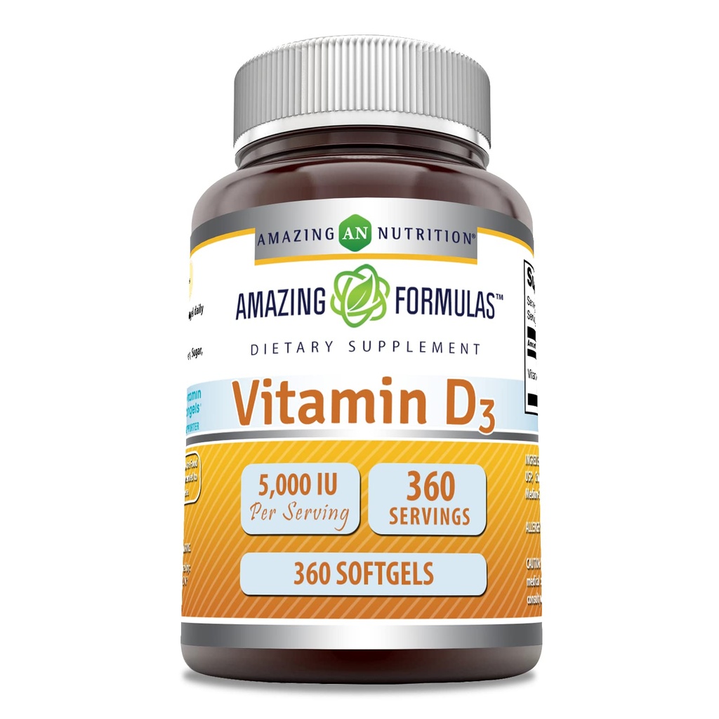 Amazing Formulas Vitamin D3 (Cloncalciferol) Tamam | 5000 I per Service | 360 Softgels | Non-GMO | Gluten-Free | Made in USA