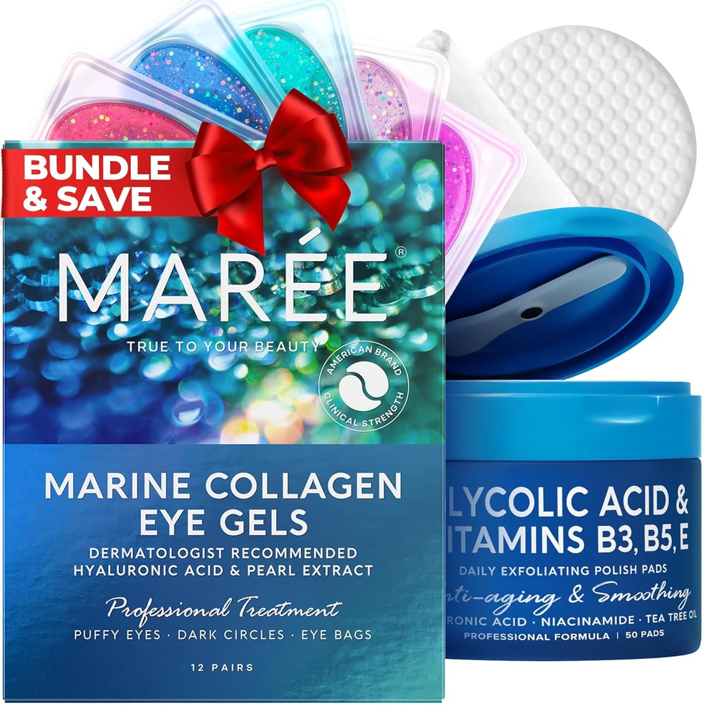 MAREE Skincare Bundle - Eye Gels, Facial Polish - Under Eye Gels for Puffy Eyes & Dark Circles - Glycolic Acid Peel Pads - Marine Collagen & Hyaluronic Acid - Salicylic Acid & Vitamins E, B3, B5