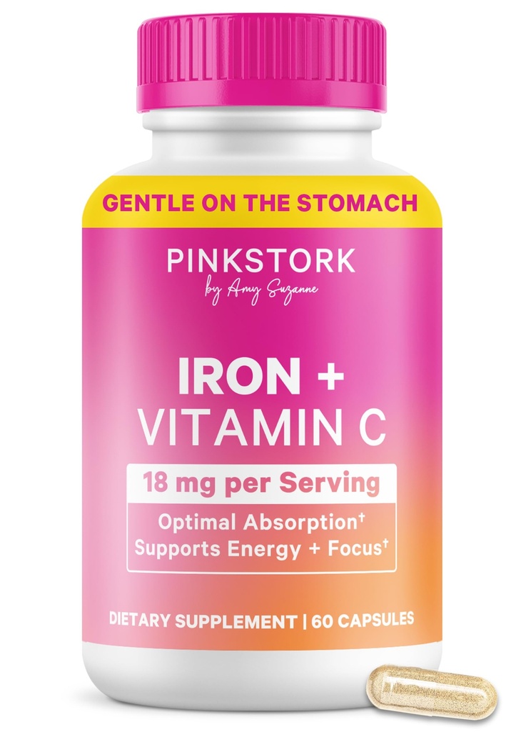 Pink Stork Prenatal Demir Supplement for Women - 18 mg Non-Constipating Iron & Vitamin C for Gebelik, Postpartum, & Emfeeding - Focus, Fatigue, & Blood Cell Production - 2 Ay Supply Supply Supply