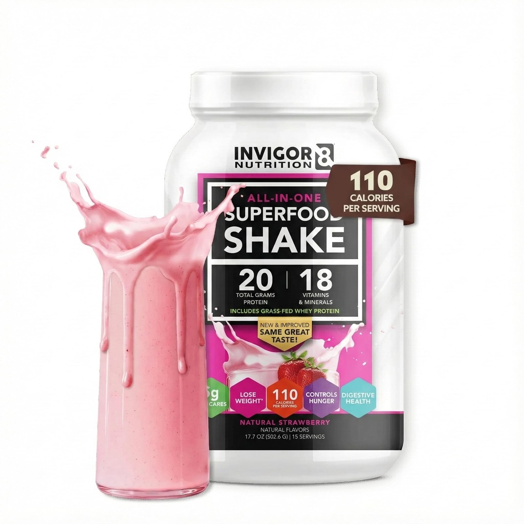 INVIGOR8 Superfood Grass Fed Whey proteini Isolate Shake Natural Strawberry Gluten-Free and Non GMO Mealchange with Probiyotiks and Omega 3 (159g)