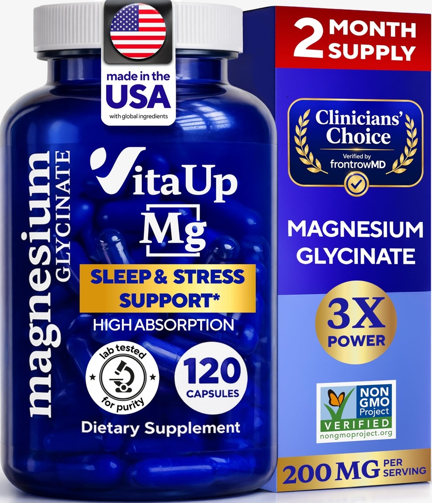 Magnezyum Glycinate 200 mg - ABD Uyku, Kalp, Kemikler, Metabolism Desteği - Yüksek Abhidrasyon Magnezyum Bisglycinate Capsules - 120 Vegan Chelated Capsules