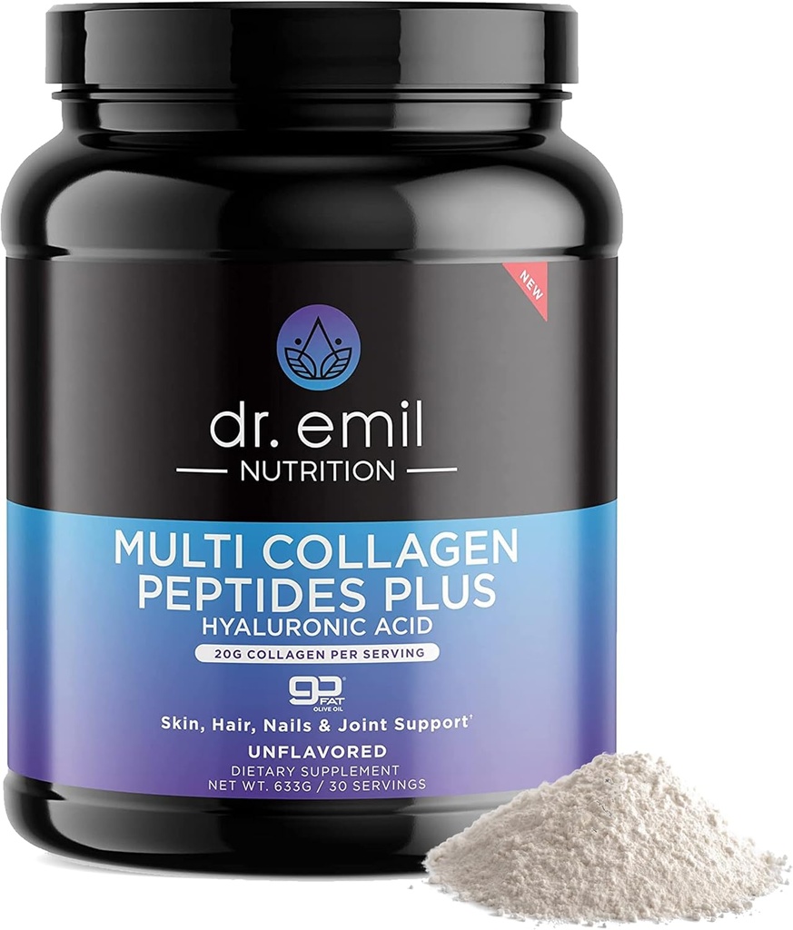 DR. EMIL NUTRITION Multi Collagen Peptides Powder - 20g of Unflavored Hydrolyzed Collagen Protein Powder with Hyaluronic Acid for Hair, Skin, Nails and Joints - 30 Servings