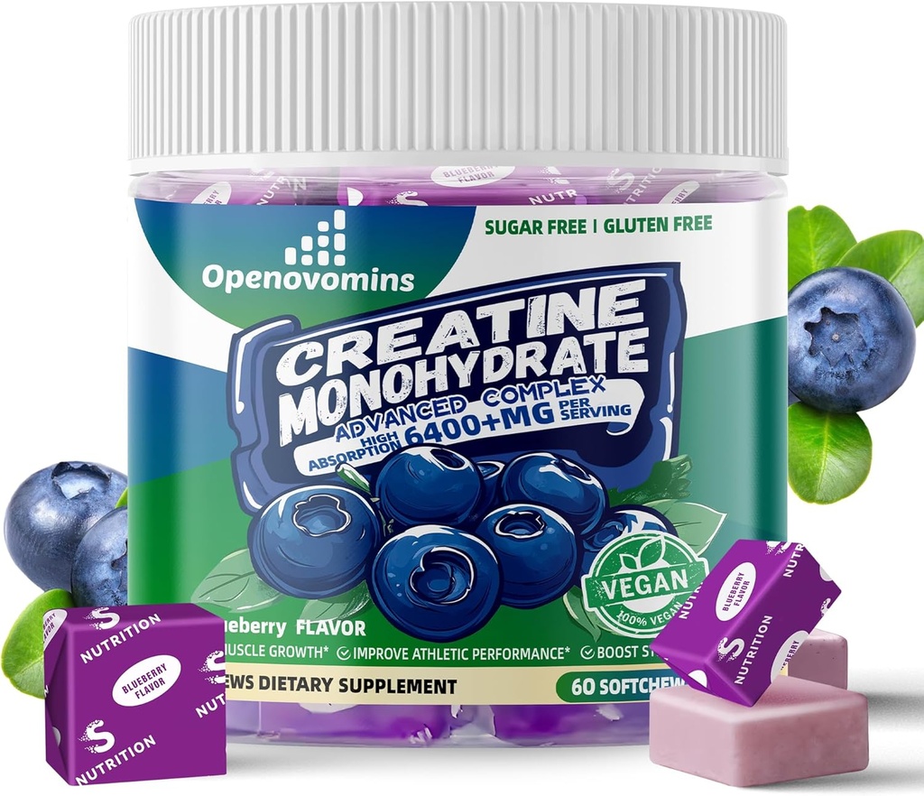 Tinatine Monohidrat Soft Chews Complex 6400 mg for Men & Women -Advanced Formula W/L-Taurine + Vitamin B12, Sugar Free Chewable Supplement,60 Blueberry Softchews