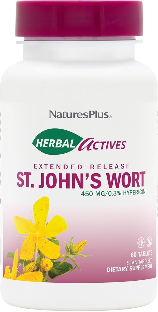 NaturesPlus Herbal Actives St. John’s Wort Extended Release - 60 Tablets, Pack of 2 - Supports a Healthy Mood & Positive Outlook - Vegetarian, Gluten Free - 120 Total Servings