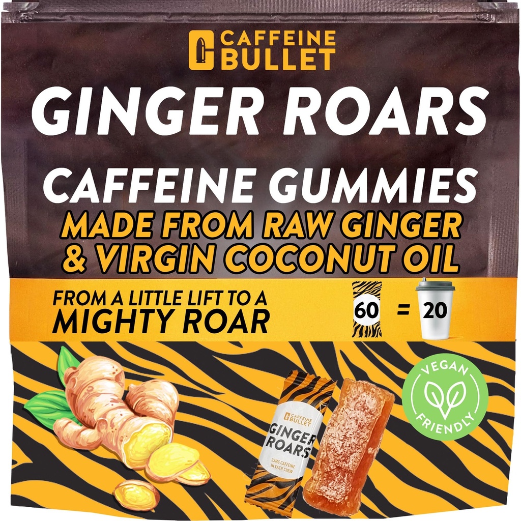 Ginger Roars - 60 Enerji Gummies - Vegan Caffeine Chews Her 33 mg, Geliştirilmiş Koşu için Doğal Fiery Kick, Bisiklet, Preworkout & Focus.