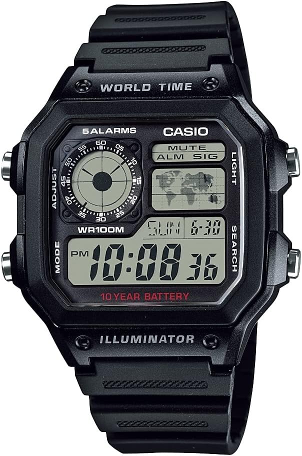 Casio AE1200WH Serisi | Erkeklerin Dijital İzle | 100M WR | Multi Alarmlar | 100 SEC Durwatch | Kontdown Timer | Dünya Haritası | LED Işık | LC Analog Ekran | 10 Yıl Battery