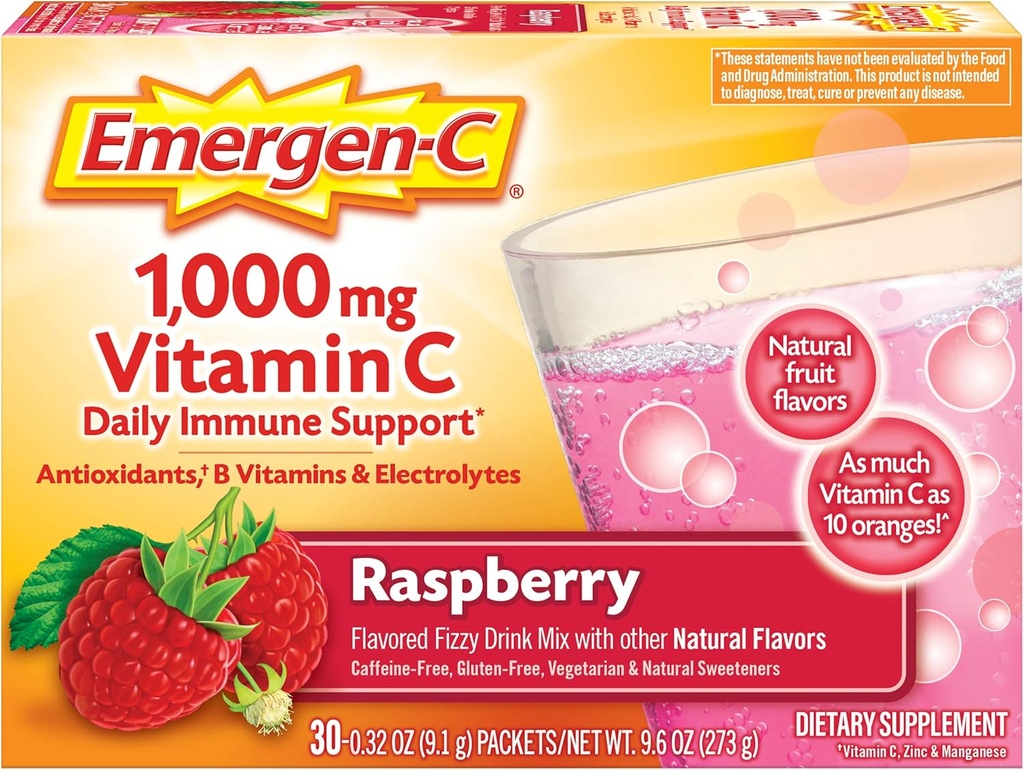 Emergen-C 1000 Vitamin mg C Toz, Antioksis, B Vitaminleri ve Elektrolytes, Immunity Supplements For Immune Support, Caffeine Free Fizzy Drink Mix, Raspberry Flavor - 30 Count/1 Ay Supply