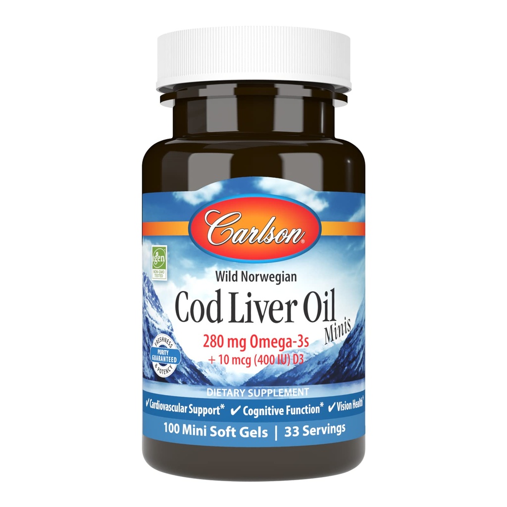 Carlson - Cod Liver Oil Minis, 280 mg Omega-3s + Vitamins A & D3, Kalp Desteği ve Bilişsel Fonksiyonlar, Vizyon Sağlık, 100 Mini Yumuşakgels