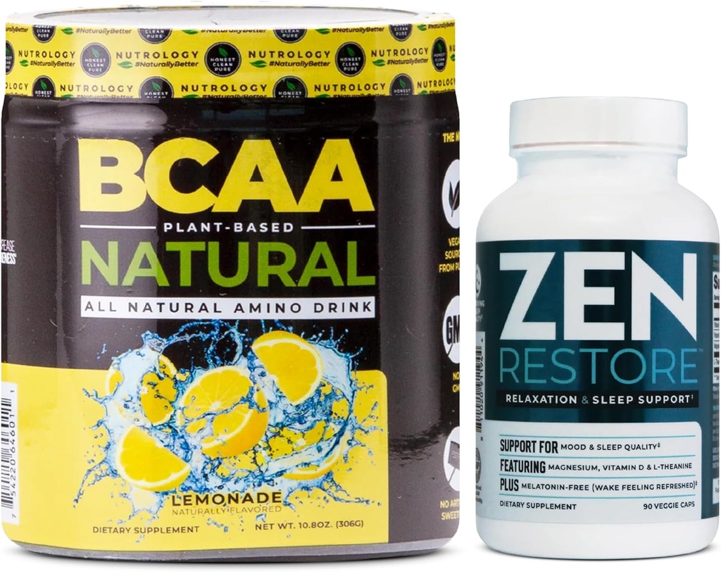 Nutrology Zen Natural Magnezyum Supplement (30 hizmet) & Nutrology BCAA Natural, Plant Based BCAA Toz, Lemonade Flavor (30 hizmet)