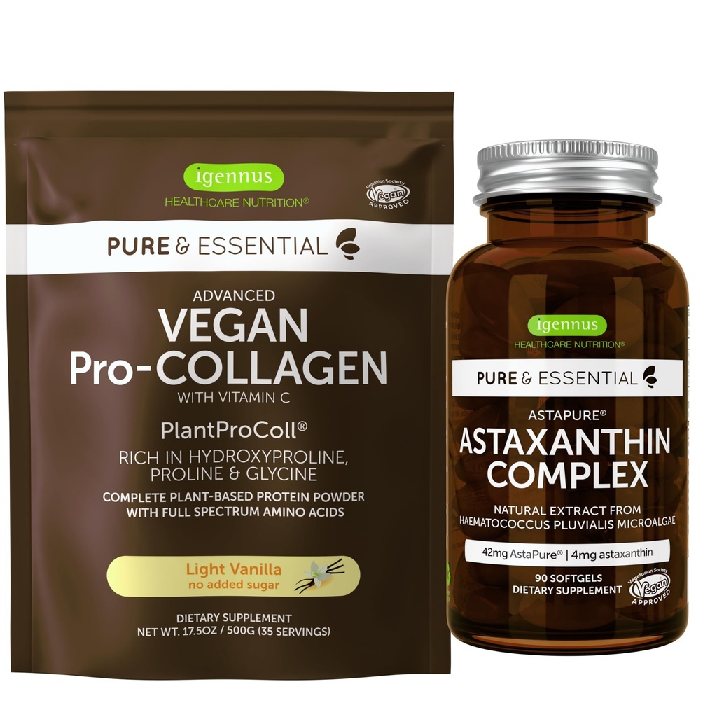 Vegan Vanilla Collagen Protein Toz + Astaxanthin Kompleksi Vegan Sche, Collagen Boosting Formula + Natural 4 mg H. Pluvialis Astaxanthin for Hair, Skin & Nails, by Igennus