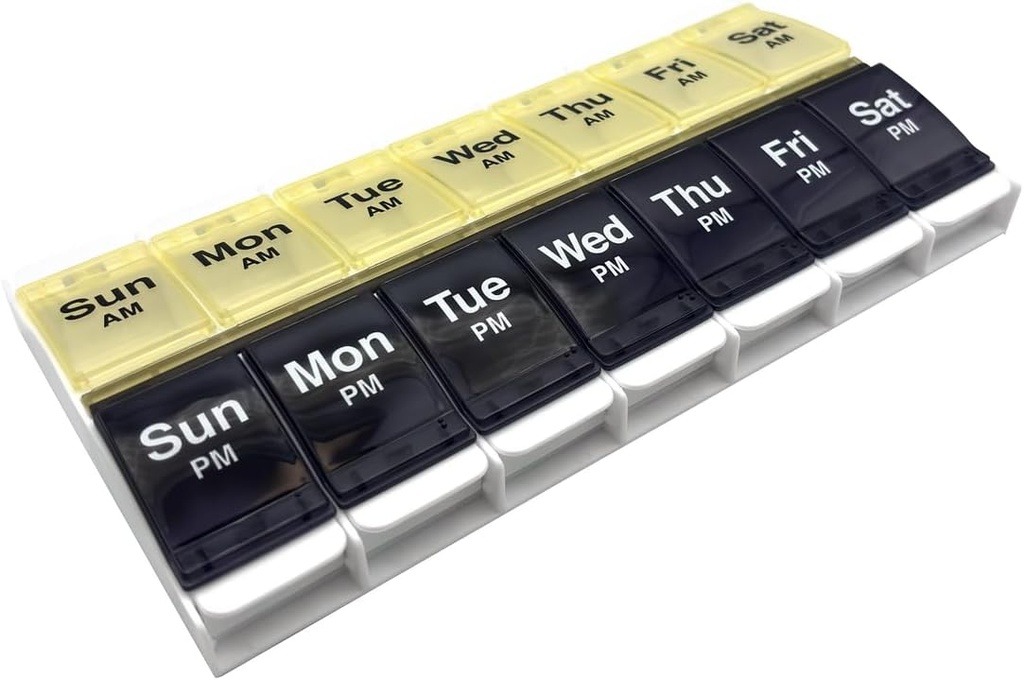 EZY DOSE Push Düğmesi (7-Day) Pill Case, Tıp Planlayıcı, Vitamin Organizecı, 2 Bir Gün, AM/PM Konteyner, X-Large Karşılaştırmaları, Arthritis Friendly, Easy to Use, Clear Lids, Blue/Yellow,