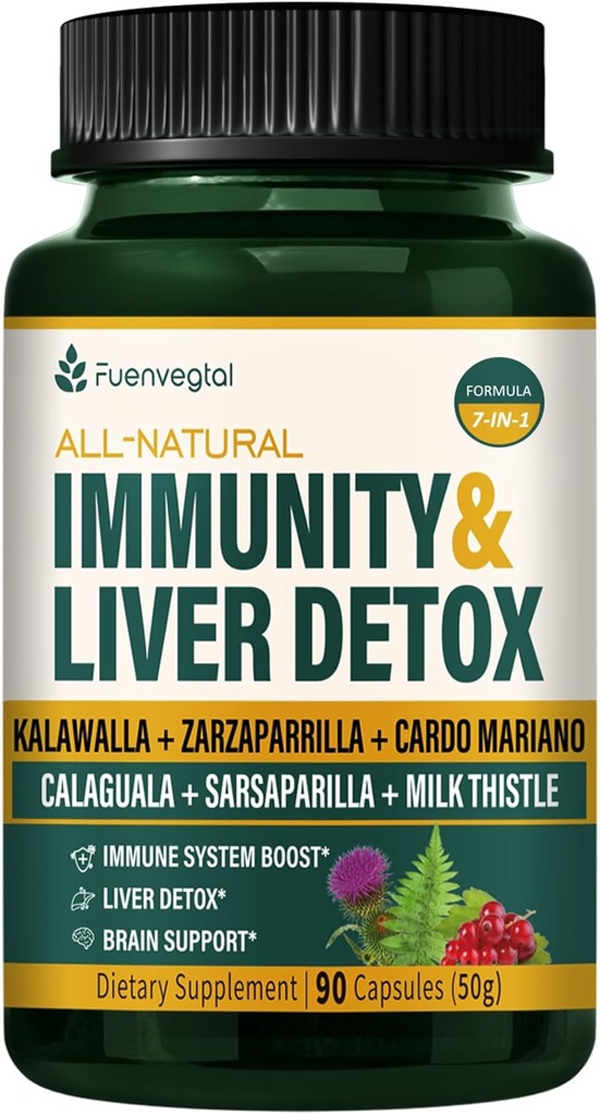 Jamaika Sarsaparilla Root Immunity & Liver Detox Cleanse Capsules, Skin Health & Immune Support Supplement with Kalawalla Milk Thistle. Zarzaparrilla y Cardo Mariano para el Higado Graso. 90 Caps
