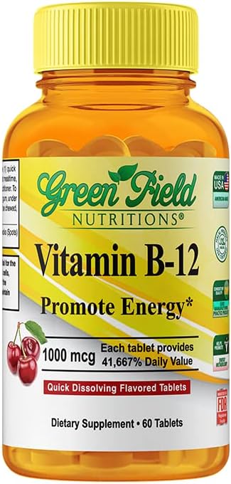 Greenfield Beslenmes Halal Vitamin B12 1000 Live - Cherry Flavored Fast Abxia 60 Sublingual B12 Tabletleri - Doğal B12 Halal Vitaminleri, Destekler Beyin, Kan Hücre Sağlığı ve Enerji Metabolism