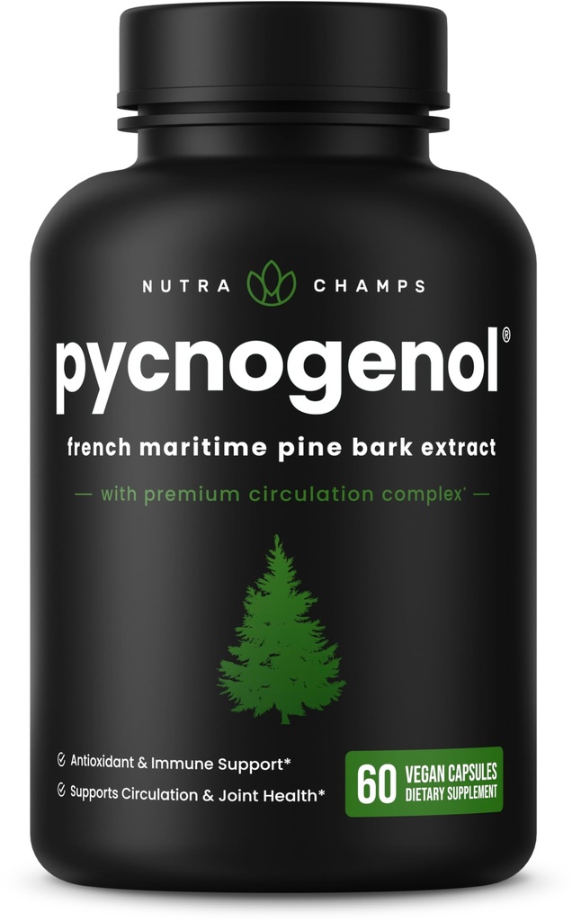 NutraChamps Pycnogenol French Maritime Pine Bark Ekstraksiyon, Premium Circulation Complex, Blood Flow, Nitrik Çimento Üretimi, Üstün Aborpsiyon, Black Pepper Türlü Sonuçlar, 60 Capsules