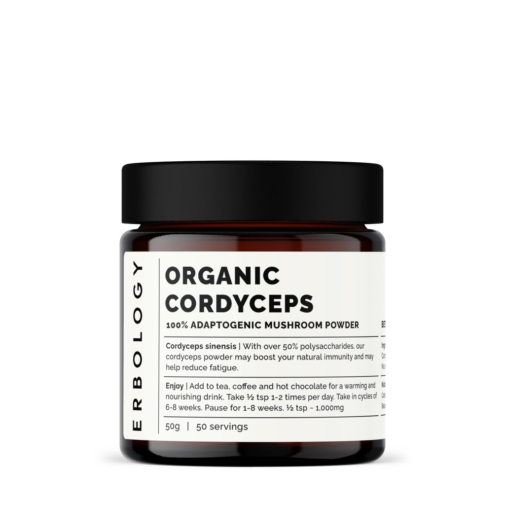 Erbology Organic Cordyceps Mushroom Powder 50 Servings - 48% Beta-glucans - Energy and Performance - Cordyceps Sinensis - Small Batch - Sustainably Grown in Europe - Vegan - Non-GMO - No Added Fillers