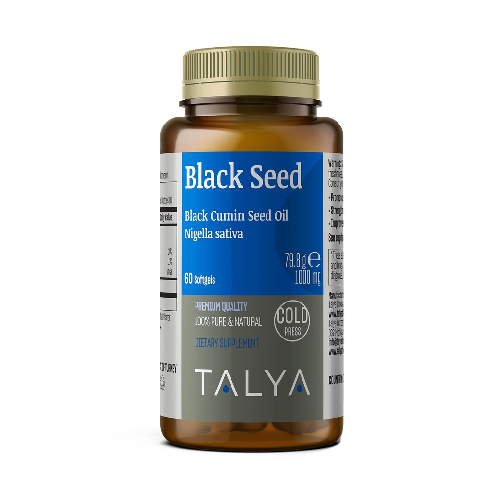 TALYA Black Seed Oil Softgel ile High Thymoquinone - Immune Support - Digestive Health - Beyin Fonksiyonu - Ortak Hareketlilik - Non-GMO Türk Siyah Cumin Nigella Sativa Tohumları