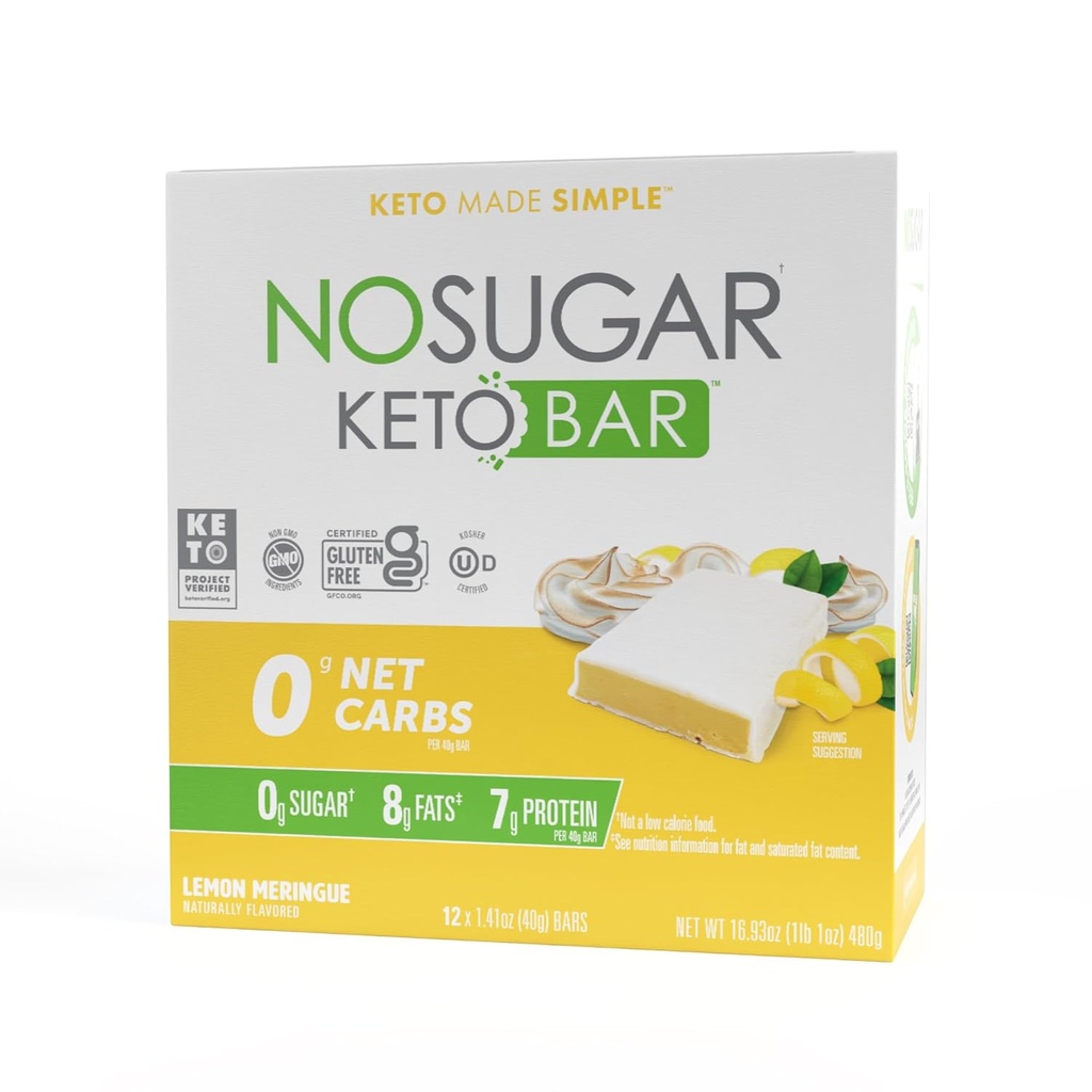 No Sugar Bar Ketos - Lemon Meringue Flavor - Low Carb No Sugar Keto Snack Food Bar with Keto Friendly Macros, 0g Net carb, 7g Plant Based protein, 8g Health Fat, Sugar Free (0g) - 12 Bars