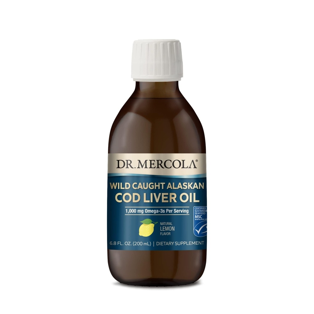 Dr. Mercola Wild Caught Alaskan Cod Liver Oil, 6.8 Fl. Oz. (200 mL), 40 Hizmet, 1000 mg Omega-3s, Diyetsel Tamam, Destekler Beyin ve Bilişsel Fonksiyonl, Non-GMO, MSC sertifikalı