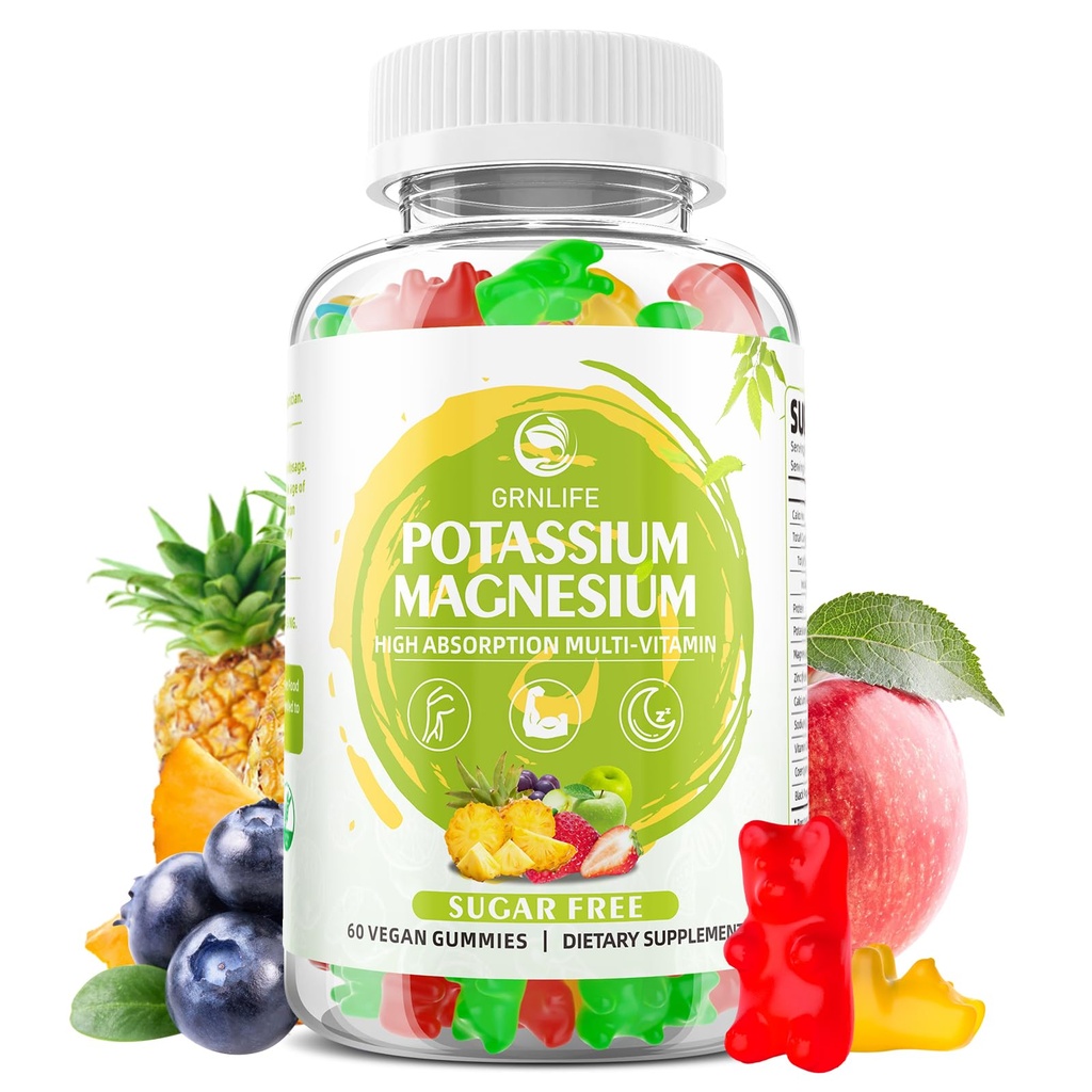 Yetişkinler Çocuklar için Potasyum Gummies, High Abors Magnezyum Glycinate for Leg Cramps & Immune Health, Sugar-Free, Vegan Karma Flavors, 60 Count
