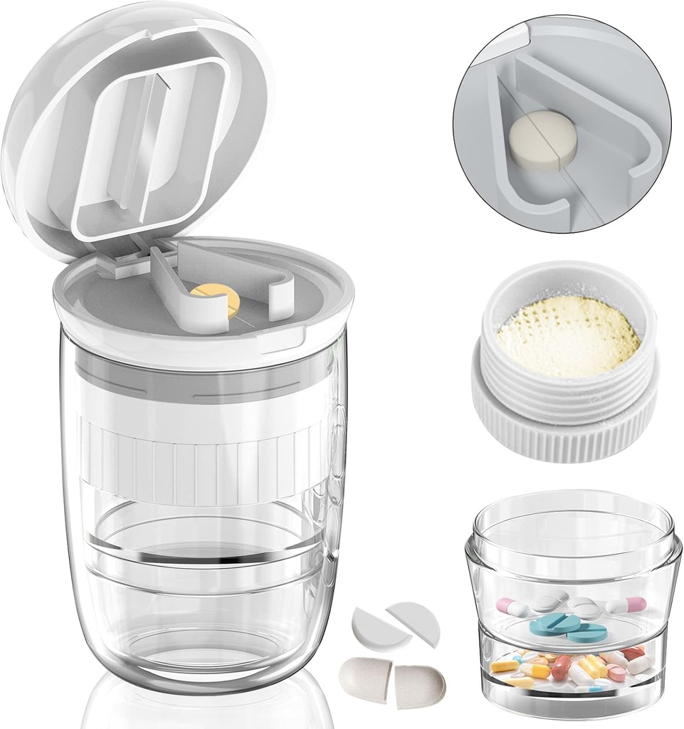 White-1 Pill Splitter ve XS, Crushes Tabletleri, Vitaminler, Paslanmaz Çelik Bıçak, Yeniden Evlenmiş İçme Kupası