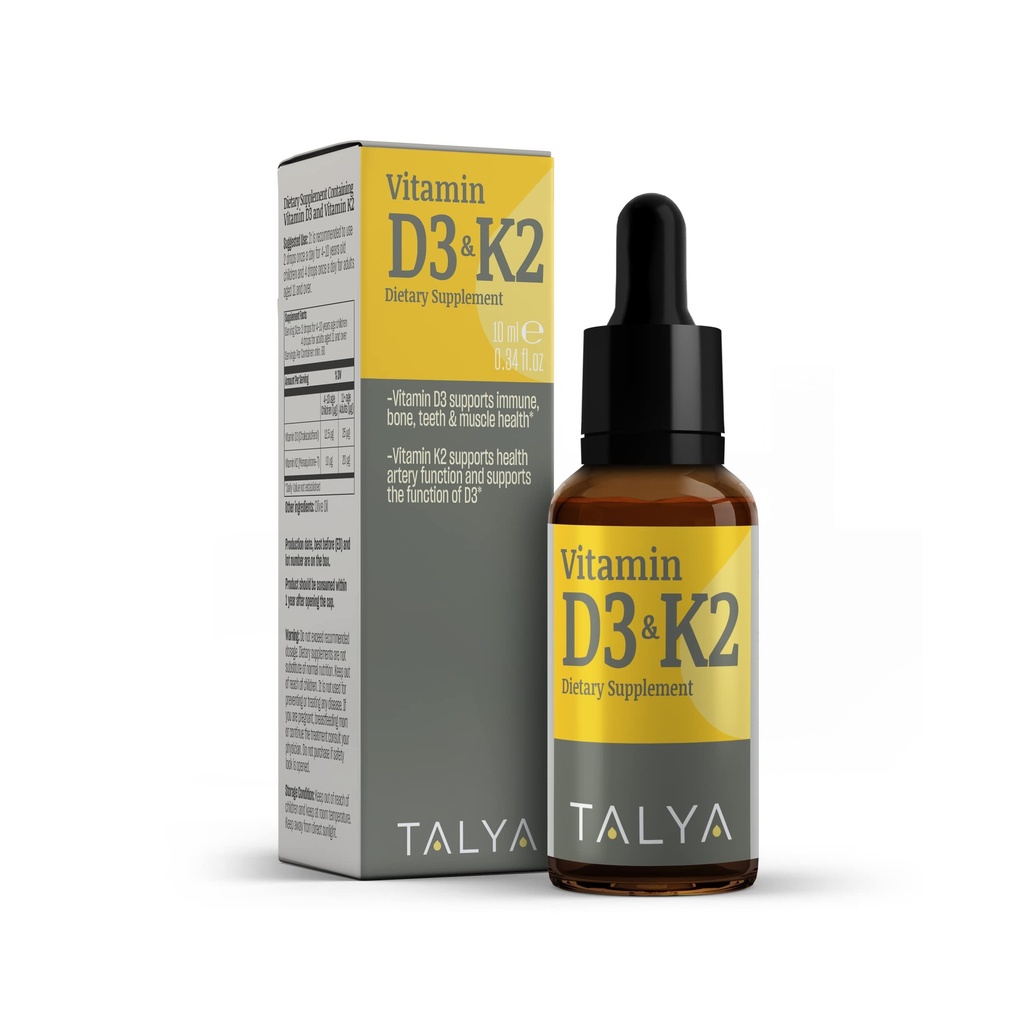 TALYA Vitamin D3 & K2 | Sıvı Vitamin D3 ile K2 Drops | 1000 IU | Immune Support - Güçlü Bones & Health | Non-GMO | Vegan | 60 Hizmet, 0.34 fl.oz