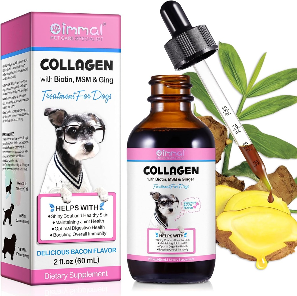 Köpekler için Collagen, Köpekler için Liquid Collagen, Dog Liquid Collagen Drops, Collagen with Biotin, MSM & Ginger Treatment Köpekler, Skin and Coat Supplement for Dogs, Dog Collagen 60 ml
