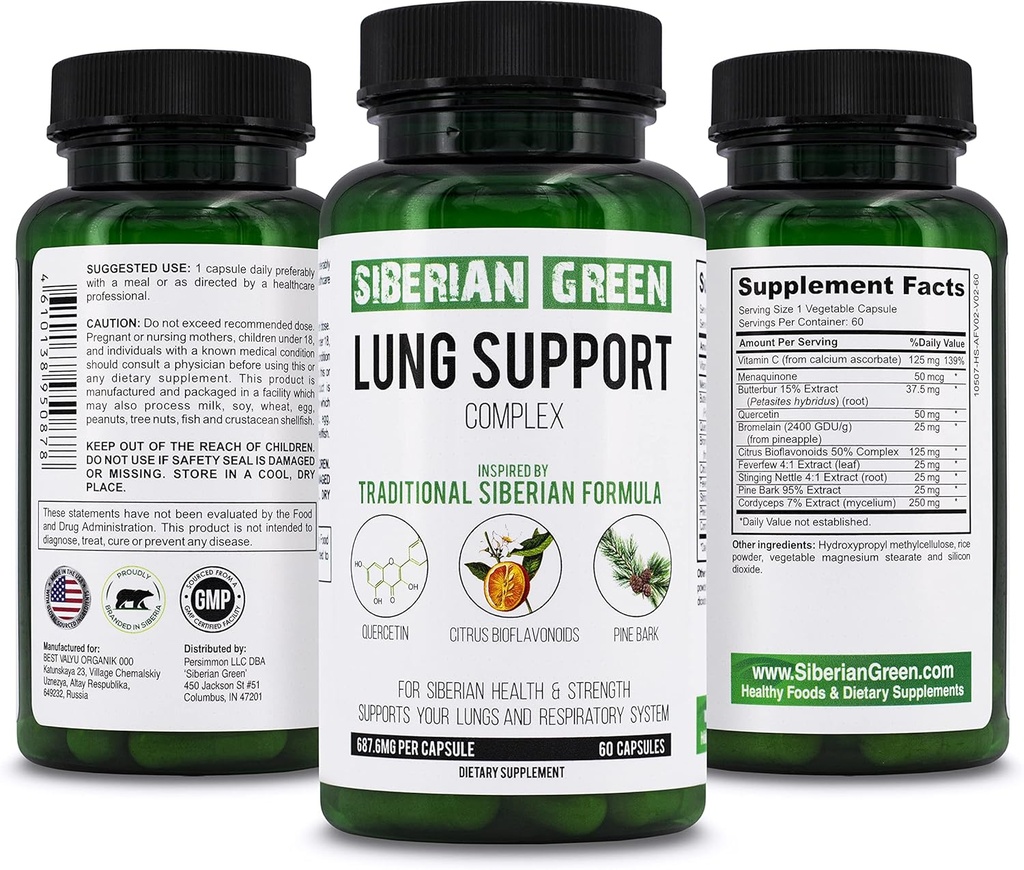 Sibirya Green Lung Support Kompleksi 60 Capsules - Geleneksel Formula Supplement Rich in Quercetin, Citrus Bioflavonoids, Pine Bark