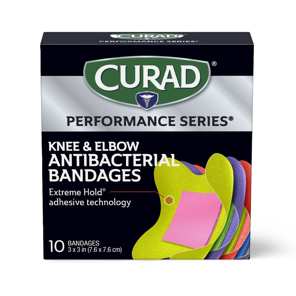 CURAD Performans Serisi IRONMAN Antibacterial Bandages, Extreme Hold Prestige Technology, Diz & Elbow 3 inç x 3 inç, 10, Cuts için ideal, Yararlar, Spor ve Aktif Yaşam Tarzı