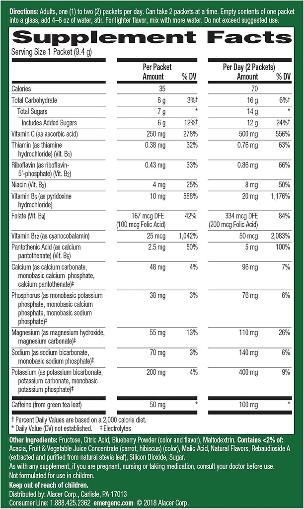 Emergen-C Energy+, B Vitaminleri ile, C ve Natural Caffeine From Green Tea (Mavi Acai Flavor) Diyet Supplement Drink Mix, 0.33 Ounce Toz Paketleri (Brook of 18)