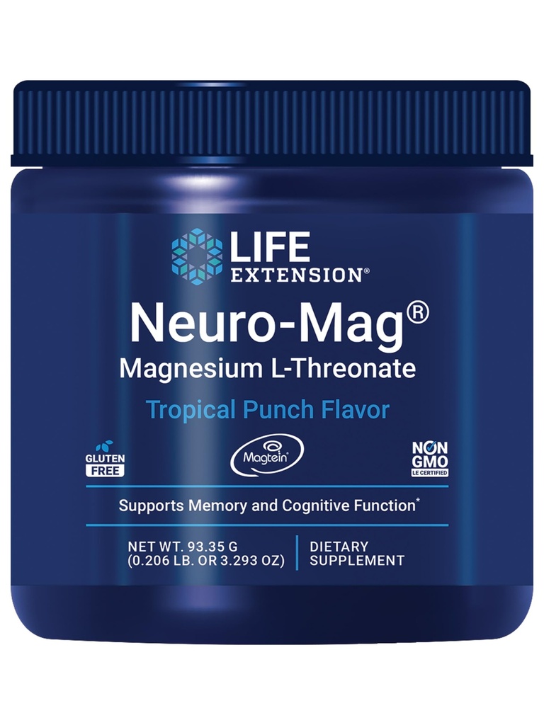 Life Extension Neuro-Mag Magnezyum L-Threonate Toz (Tropical Punch) - Ultra-Absorbable Magnezyum - Supports Memory, Focus, Cognitive Function & Mood - Gluten free, Non-GMO, Vegetarian (30 hizmet)