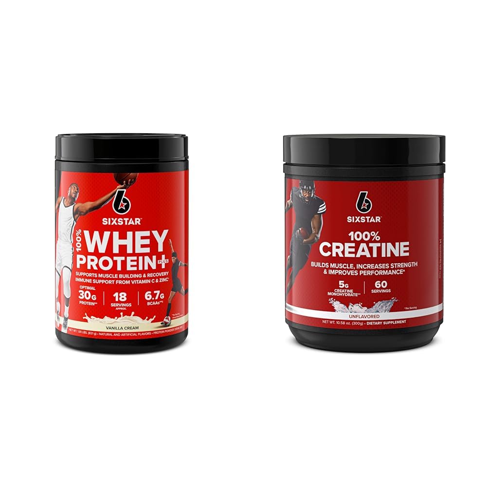 Six Star Whey Protein Plus & Kretine Monohidrat Toz Paketi | Vanilla Whey Protein Isolate 1.8 lbs & Unflavored Kretine 60 Hizmetler