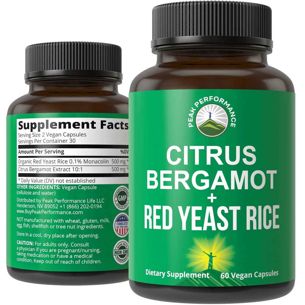 Citrus Bergamot + Red Yeast Rice. 2-in-1 Supplement. Yüksek Kuvvet 10:1 Bergamot Extract. No Gluten, Zero Sugar, Vegan Capsules