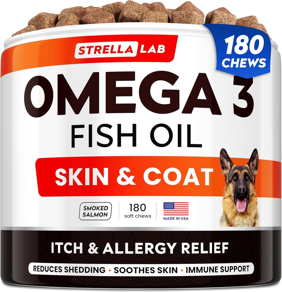 StrellaLab Omega 3 for Dogs - (180Ct) Balık Yağı Tedaviler - Anti Itchy Skin, Anti Shedding & Hot Spots Tedavisi - Pet Salmon Oil Chews - Smoked Salmon Flavor