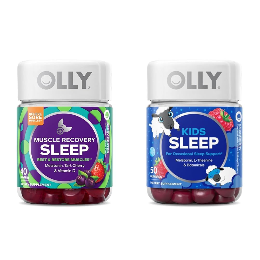 OLLY Muscle Recovery Sleep Gummies with Tart Cherry, 40 Kont and Kids Sleep Gummy with Melatonin, Chamomile, 50 Kont