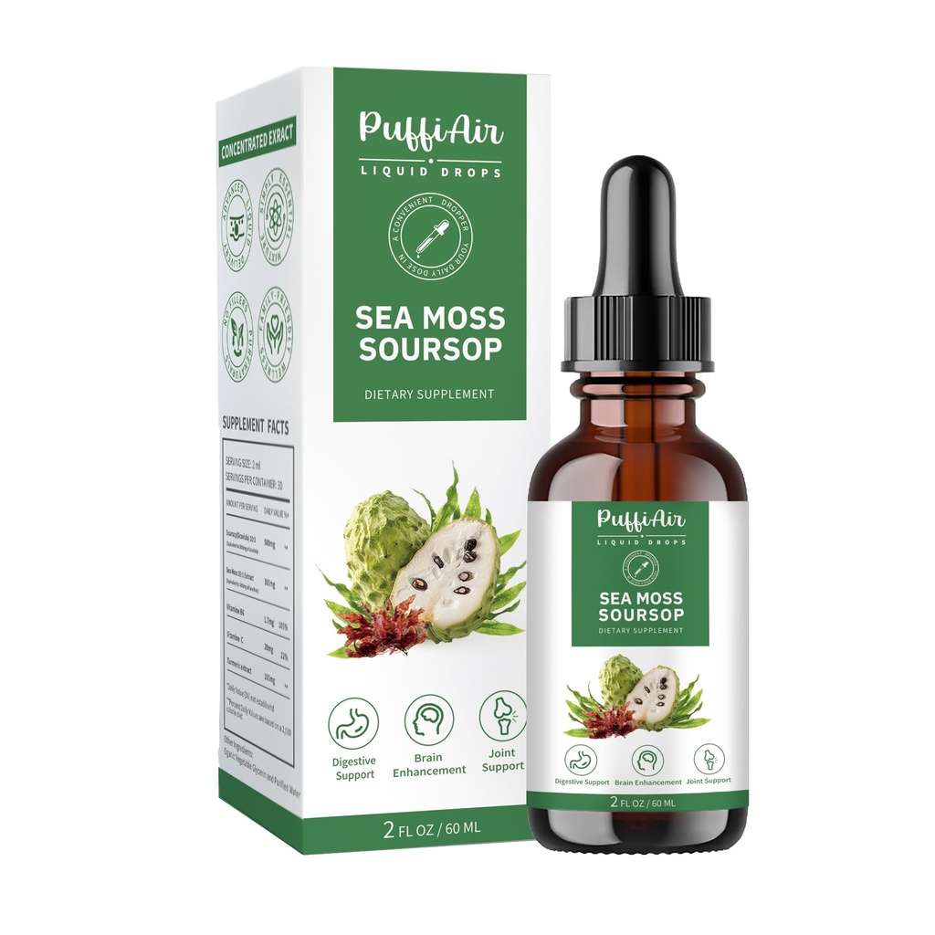 PUFFIAIR Soursop (Graviola) & Sea Moss Sıvı Hücre Desteği ve Rejenerasyonu için Geri Döndüm, Immune Boost, Relax, Liver ve Sleep, Herbal Extract, Sugar/Gluten Free, Natural Flavor, 2 Fl Oz/60 ml