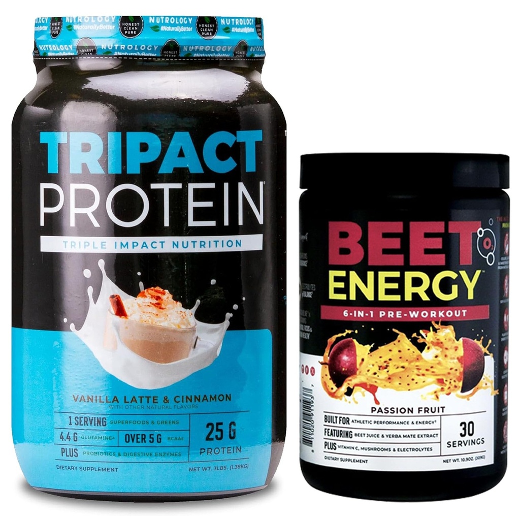 Nutrology TRIPACT protein Toz, 7-in-1 Mealchange Shake, Vanilla Latte Cinnamon Flavor (40 Hizmet) Arıt Natural O2, Pre Workout Toz, Passion Meyve Flavor (30 Hizmet)