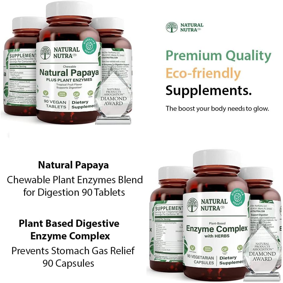 Natural Nutra Papaya Chewable Plant Enzymes Mix for Digestion 90 Chewable Vegan Tabletler ve Plant Temel Digestive Enzyme Kompleks with Herbs 90 Vegan Capsules for Digestion, prevents Stomach.