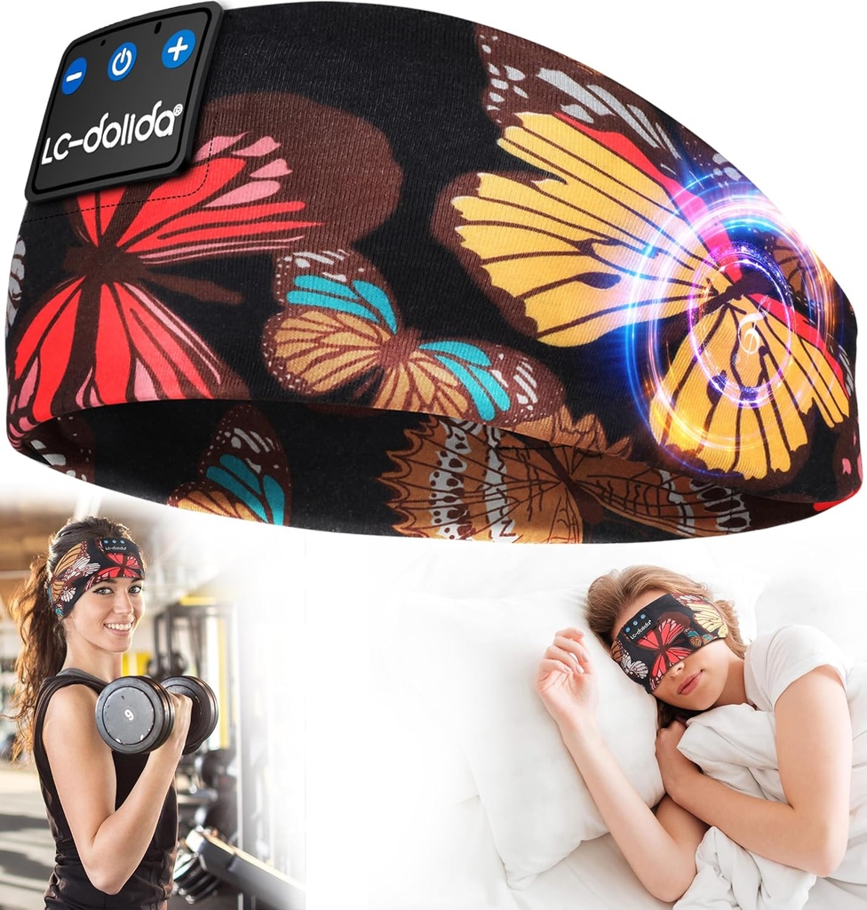 LC-dolida Sleep Headphones Headband Bluetooth 5.4, Sports Headband Earphones Wireless with Speaker Microphone USB C for Women Sleeping Gift Workout Jogging Yoga Insomnia Travel Meditation, Butterfly