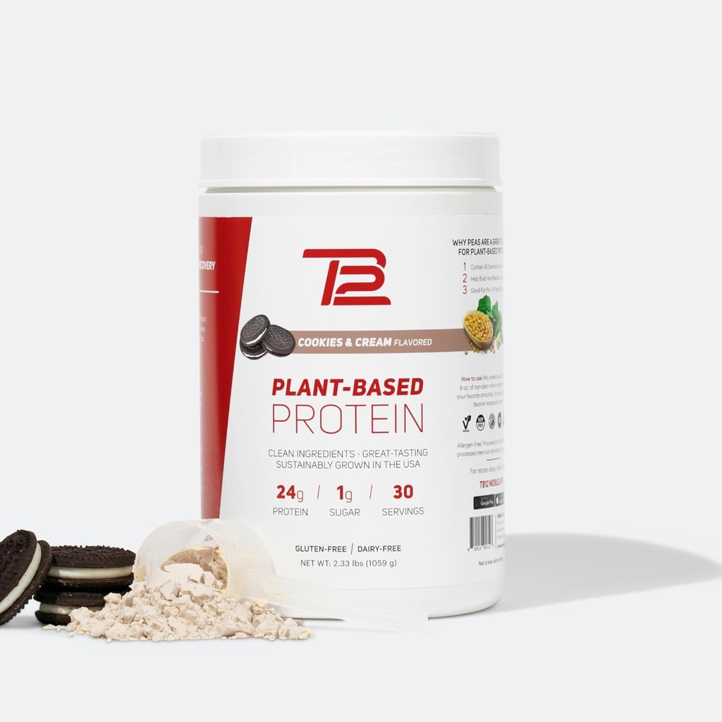 TB12 Bitki Tom Brady tarafından Protein Tozu, 24g of Vegan Pea protein, Low Sugar, Low Carb, Non-GMO, Meal Change, Keto Friendly, Paleo, Sugar Free, Cookies and Cream Flavor (30 hizmet)