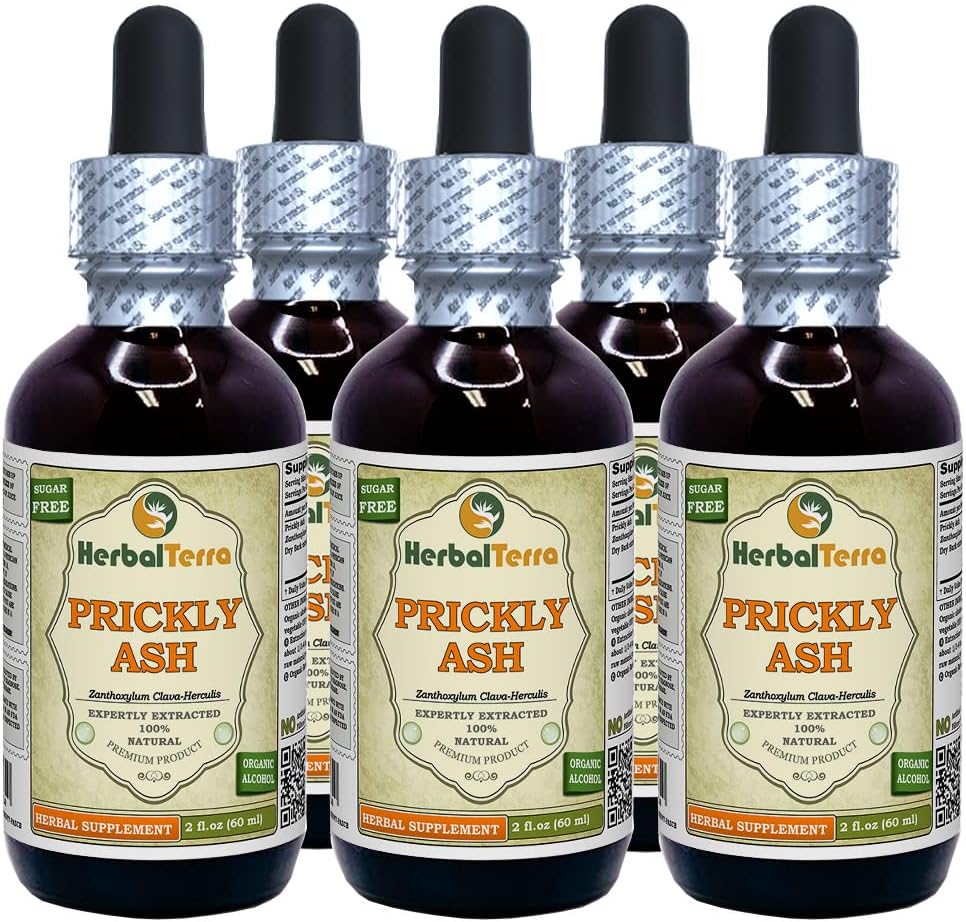 Prickly Ash (Zanthoxylum Clava-herculis) Tincture, kıl Bark Sıvı Ekstraksiyon (Brand Name: HerbalTerra, Proudly Made in USA) 5x2 fl.oz (5x60 ml)