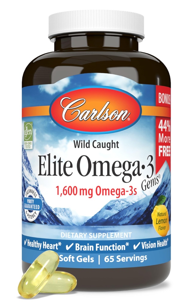 Carlson - Elite Omega-3 Gems, 1600 mg Omega-3 Fatty Acids Including EPA and DHA, Norwegian, Wild-Caught Fish Oil Supplement, Sustainably Sourced Omega 3 Fish Oil Capsules, Lemon, 130 Softgels