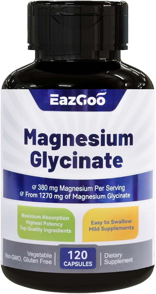 Magnezyum Glycinate Capsules 1270 mg, 380 mg Magnezyum Supplement, High Abors Magnezyum Glycinate Supplement, Non-GMO No Gluten, 120 Capsules