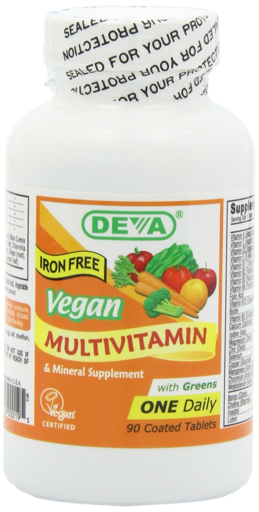 DEVA Vegan Iron-Free Multivitamin & Mineral Supplement, Green Food Mix, Spirulina, Chlorella, Ashwagandha, Broccoli, 90 Tabletler
